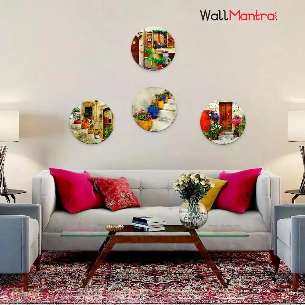 set of 4 Italian Village Round Shape Canvas wall Painting