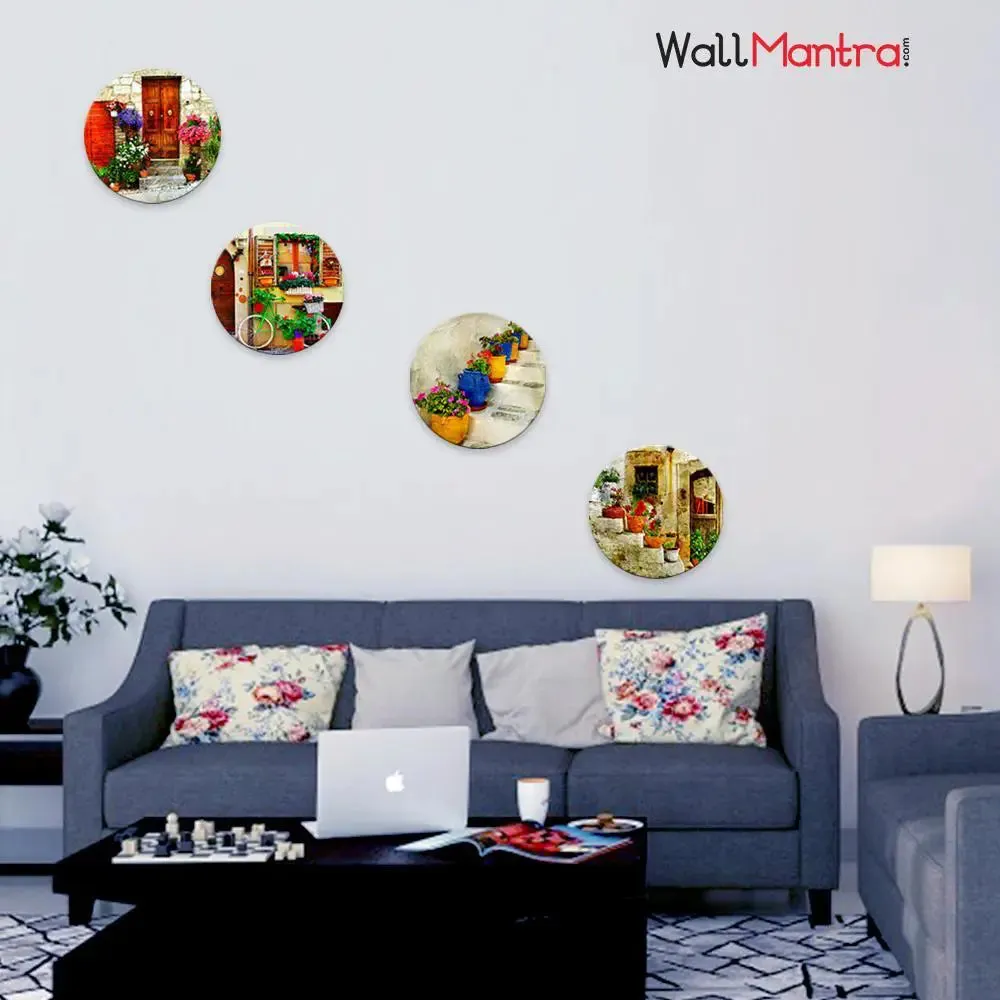 set of 4 Italian Village Round Shape Canvas wall Painting