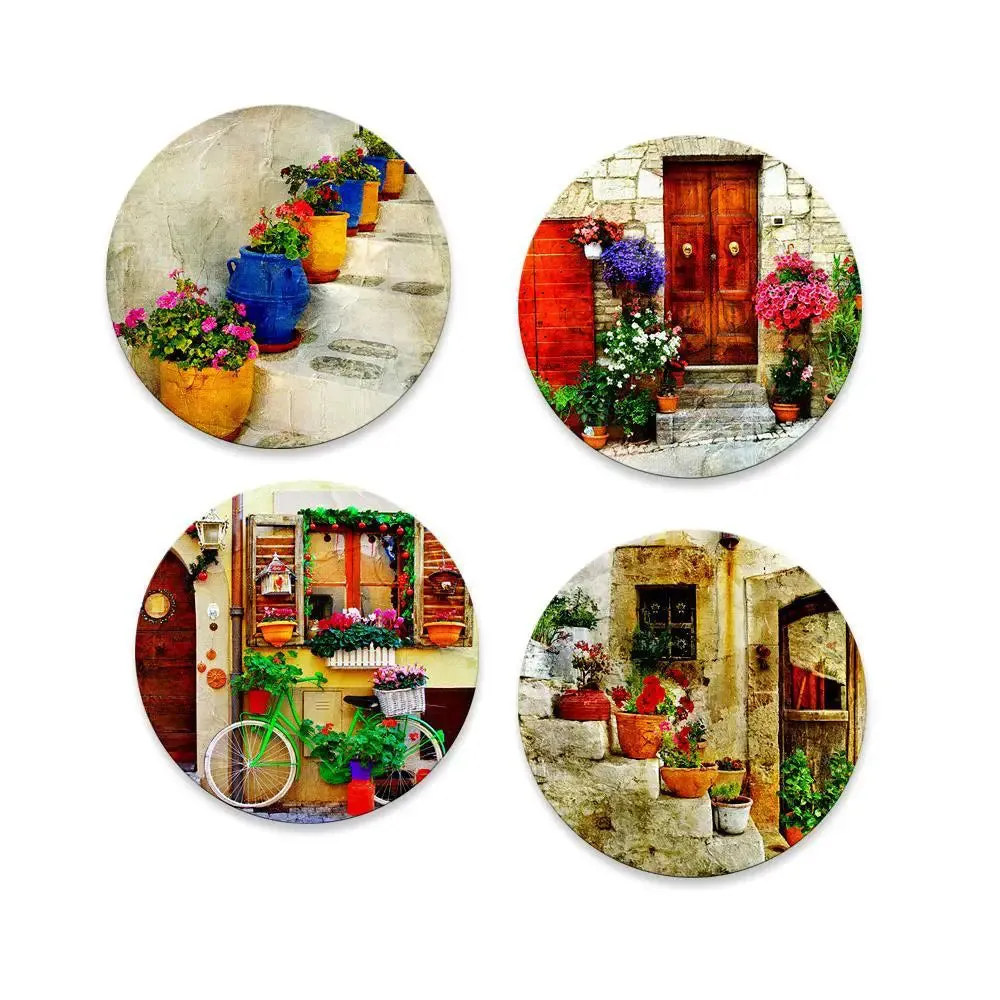 set of 4 Italian Village Round Shape Canvas wall Painting