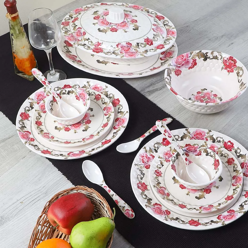 Set Of 40 Pink Rose Floral Vines Printed High-quality Melamine Dinner Set