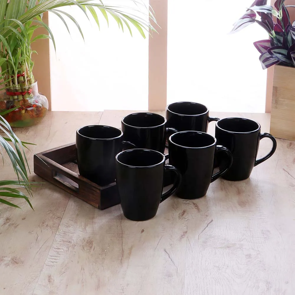 Set of 6 Classic Black Solid Colored Tapered Premium Ceramic Coffee Mug Set Without Tray