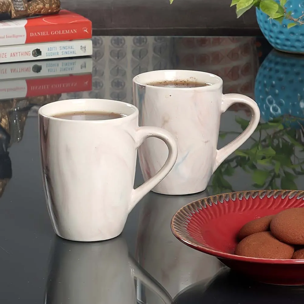 Set of 6 Classic White Marble Textured Superior-quality Ceramic Glossy Cup Set