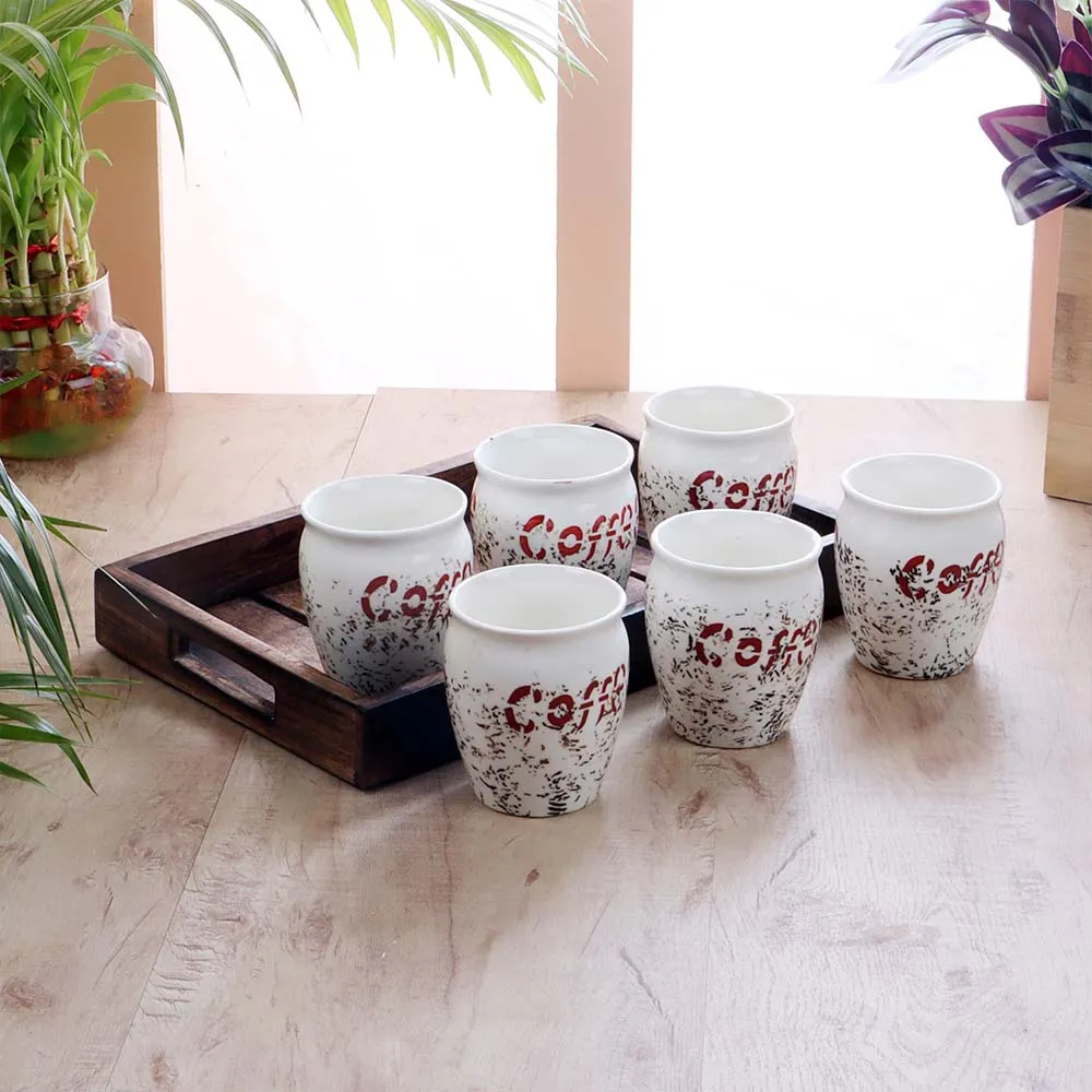 Set of 6 Coffee Printed High-quality Glassy Kulhad Cup Set with Wooden Tray