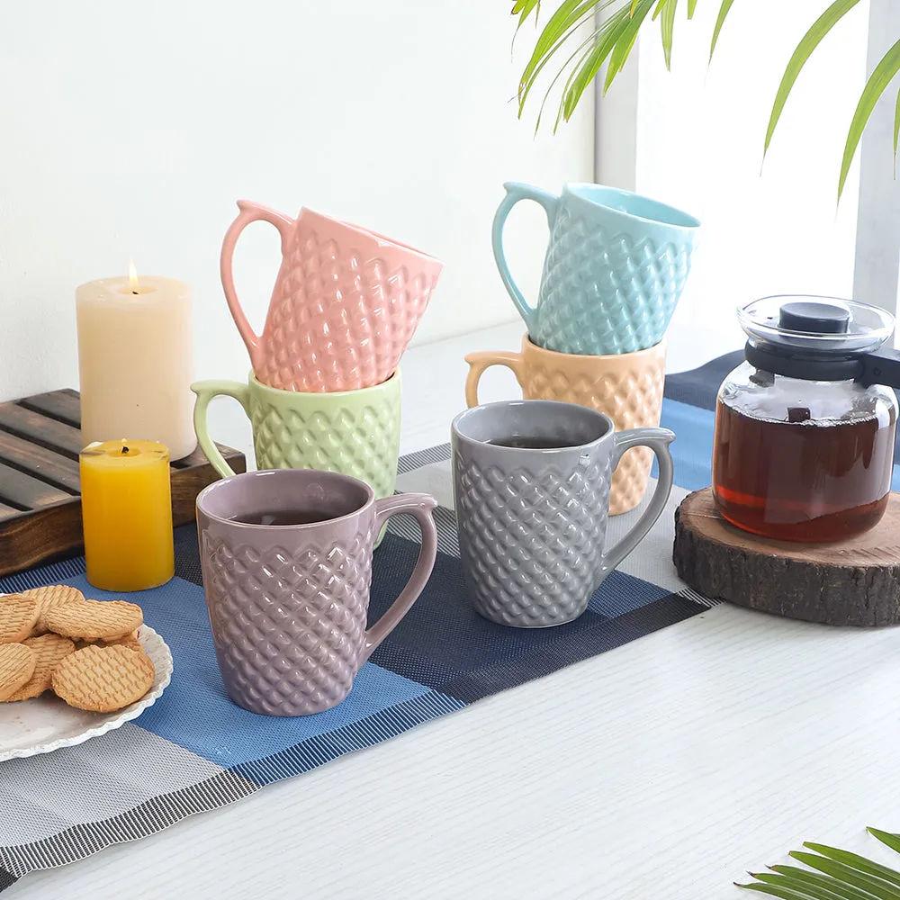 Set of 6 Criss-Cross Textured Design Pastel colored High-quality Tea/Coffee/Milk Mug Set With Wooden Tray