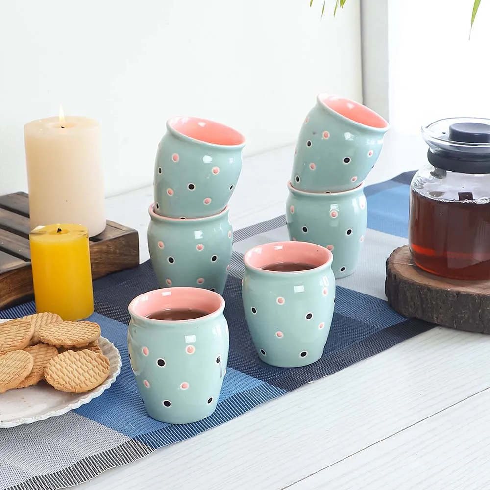 Set of 6 Pastel Blue Colored Polka Dot Premium Ceramic Kulhad Cup Set