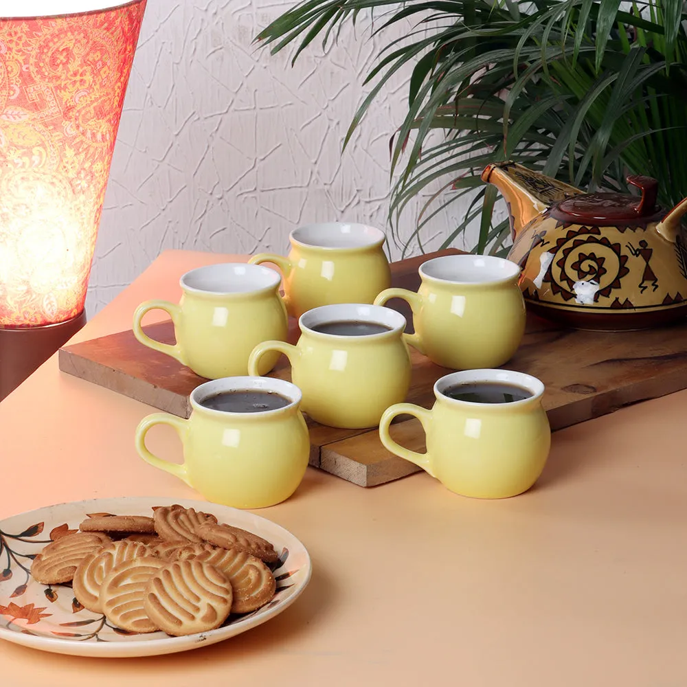 Set of 6 Quirky Dholak Shaped Premium Ceramic Tea/Coffee Cup Set Yellow