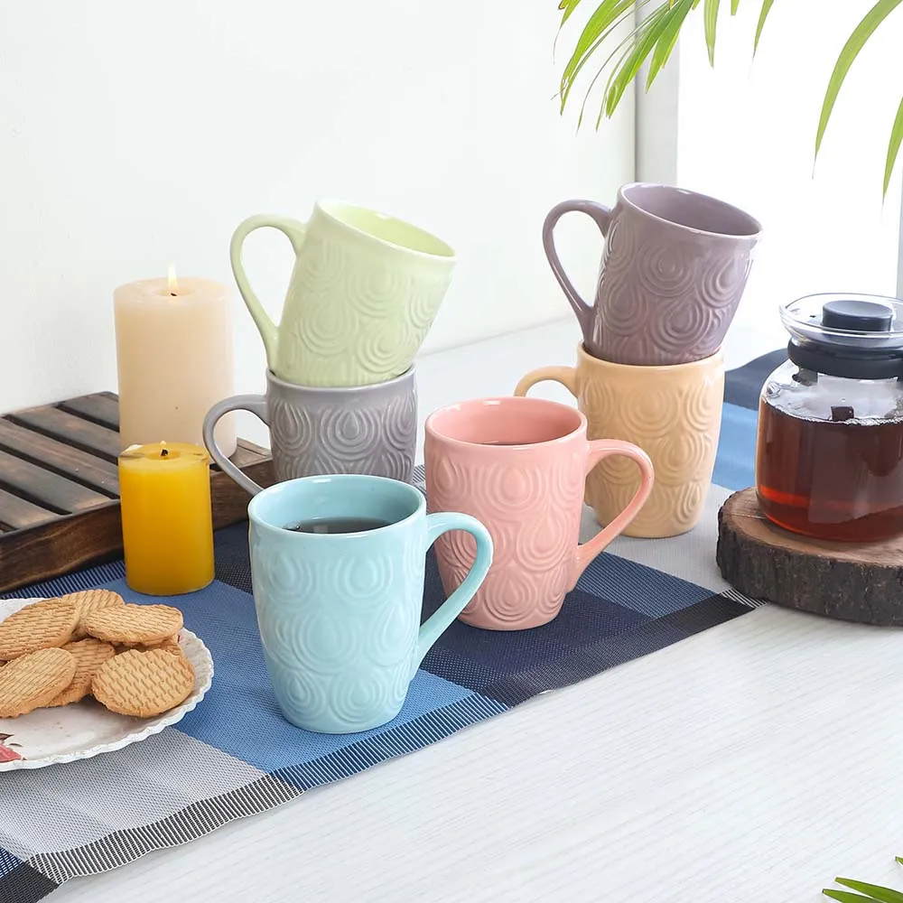 Set of 6 Solid Pastel Colored Textured Premium Ceramic Glossy Mug & Cup Set Without Tray