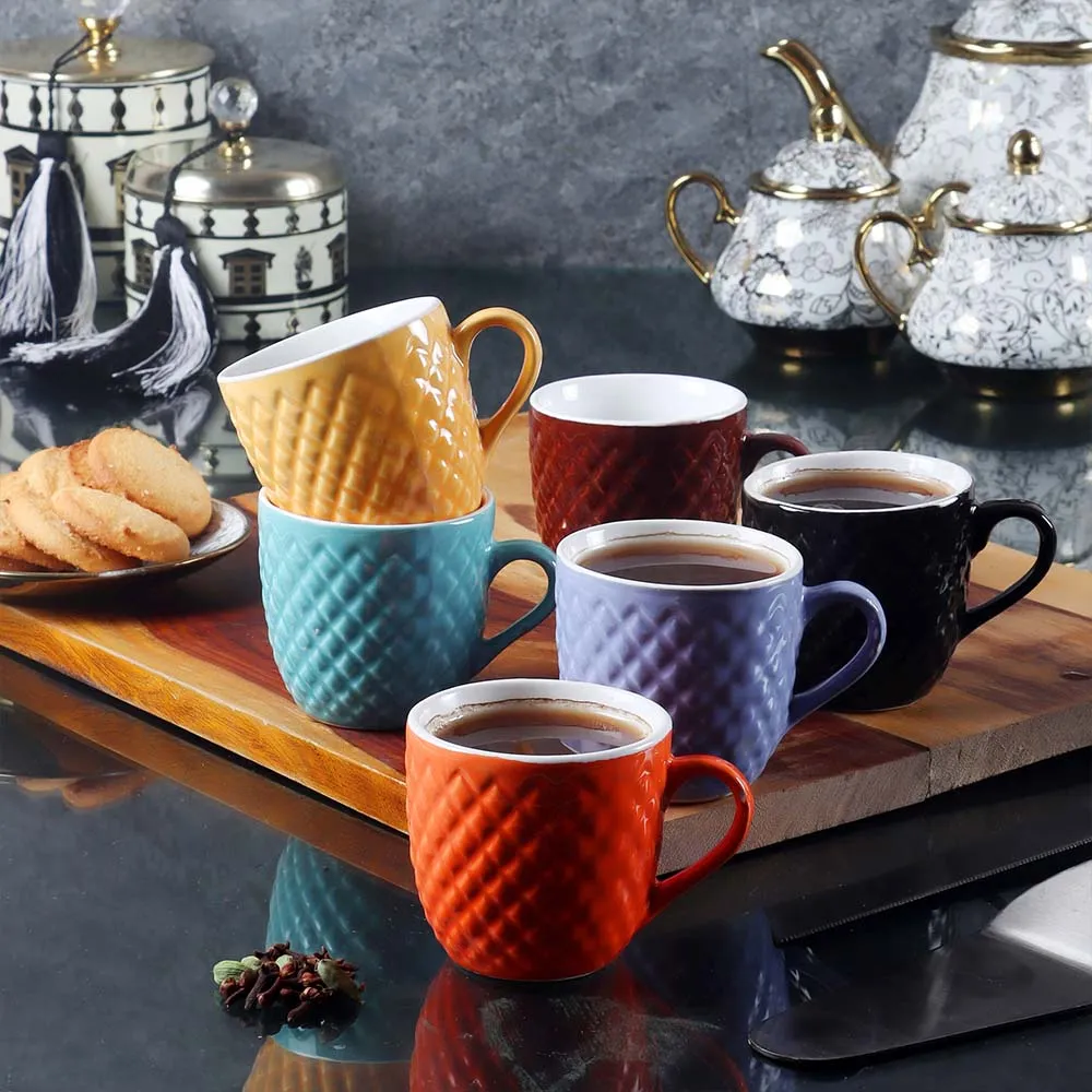 Set of 6 Vibrant Solid Multi-colored Textured Superior-quality Ceramic Cup Set