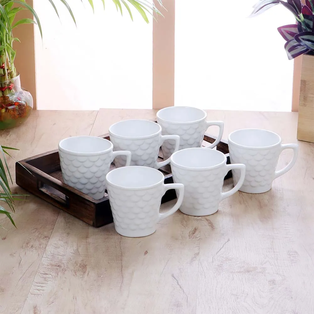 Set of 6 White Scallop Textured Premium Ceramic Tea Cup Set Without Tray