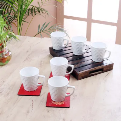 Set of 6 White Scallop Textured Premium Ceramic Tea Cup Set