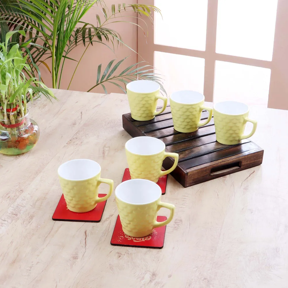 Set of 6 Yellow Scallop Textured Premium Ceramic Tea Cup Set Without Tray