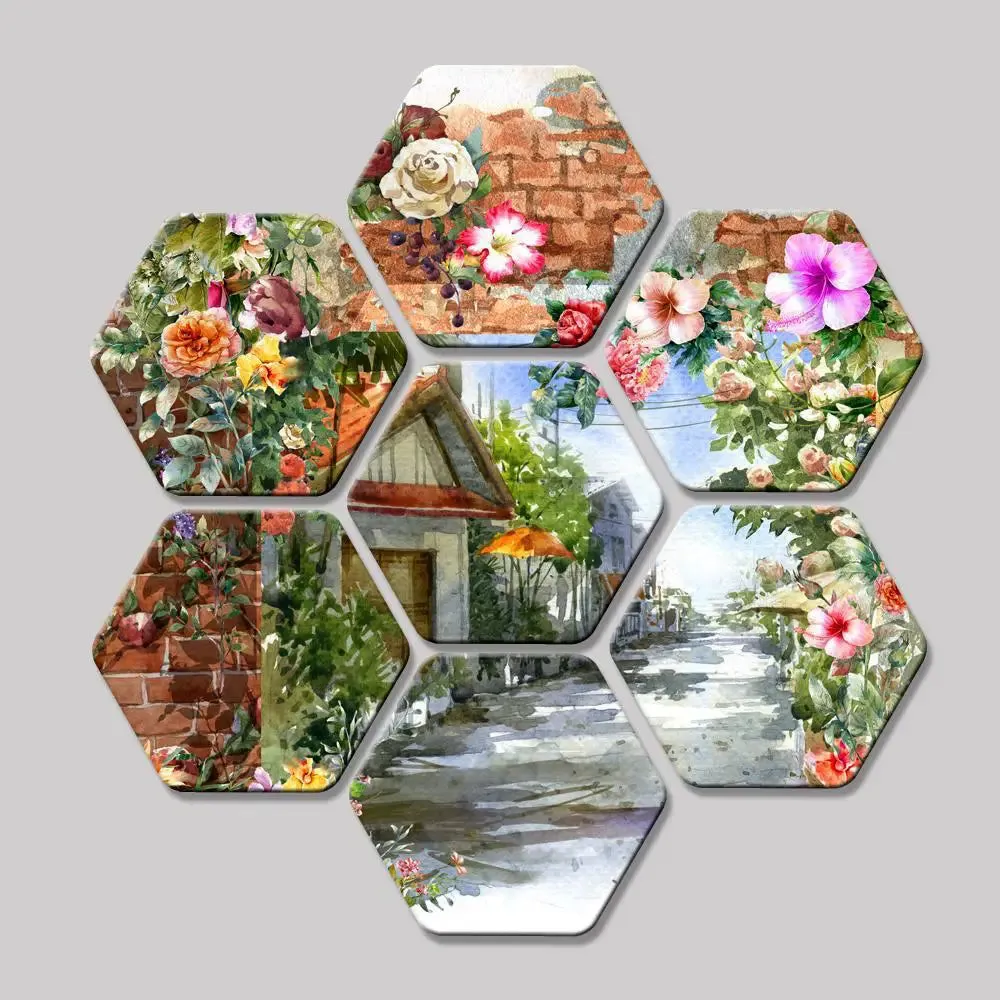 Set of 7 Beautiful Scenery Hexagon Shape Canvas Wall Painting
