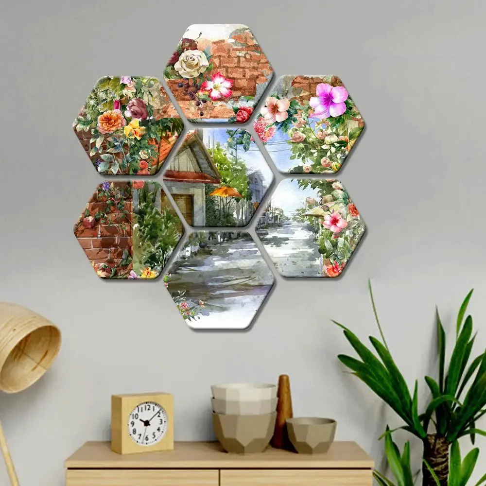 Set of 7 Beautiful Scenery Hexagon Shape Canvas Wall Painting