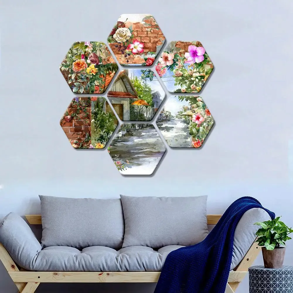 Set of 7 Beautiful Scenery Hexagon Shape Canvas Wall Painting