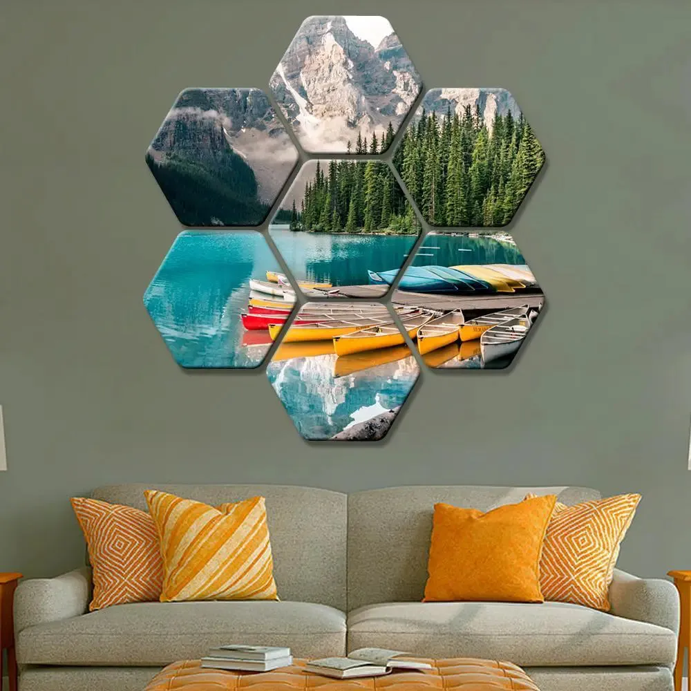 Set of 7 Lake Scenery Hexagon Shape Canvas Wall Painting
