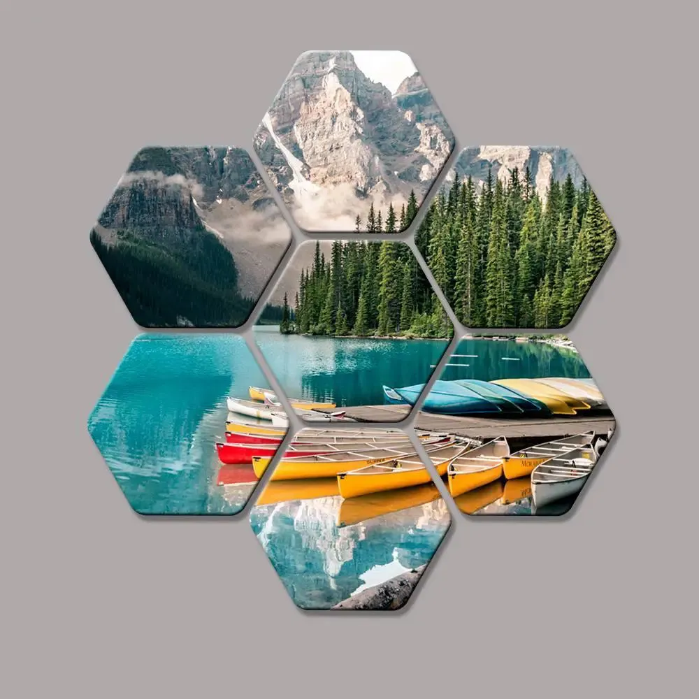 Set of 7 Lake Scenery Hexagon Shape Canvas Wall Painting