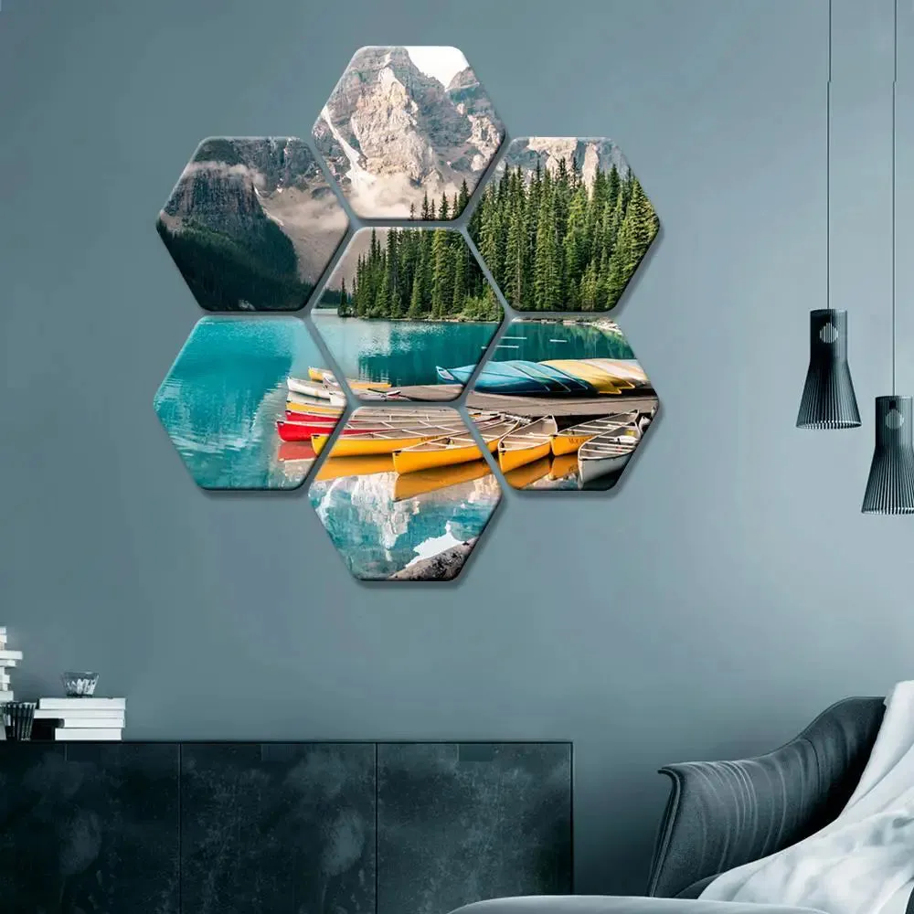 Set of 7 Lake Scenery Hexagon Shape Canvas Wall Painting