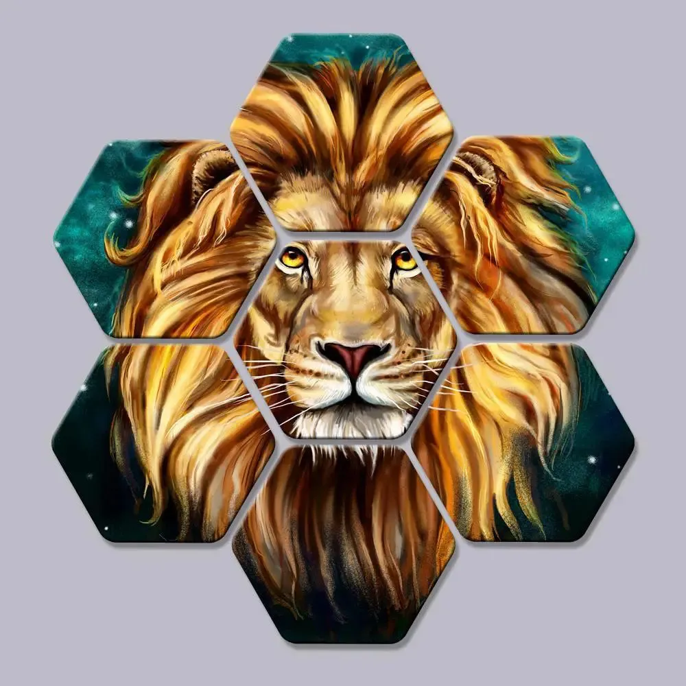 Set of 7 Lion Face Hexagon Shape Canvas Wall Painting