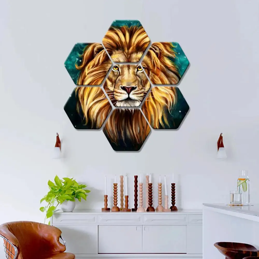 Set of 7 Lion Face Hexagon Shape Canvas Wall Painting