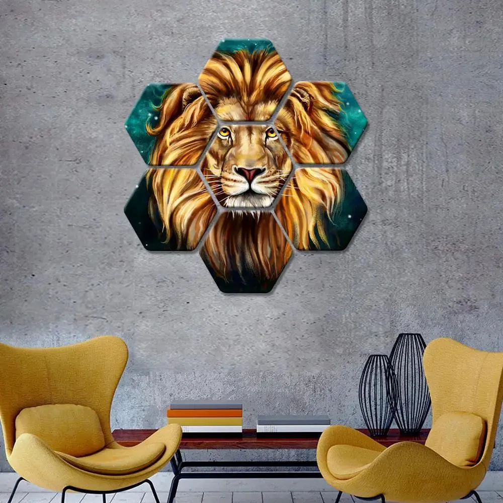 Set of 7 Lion Face Hexagon Shape Canvas Wall Painting