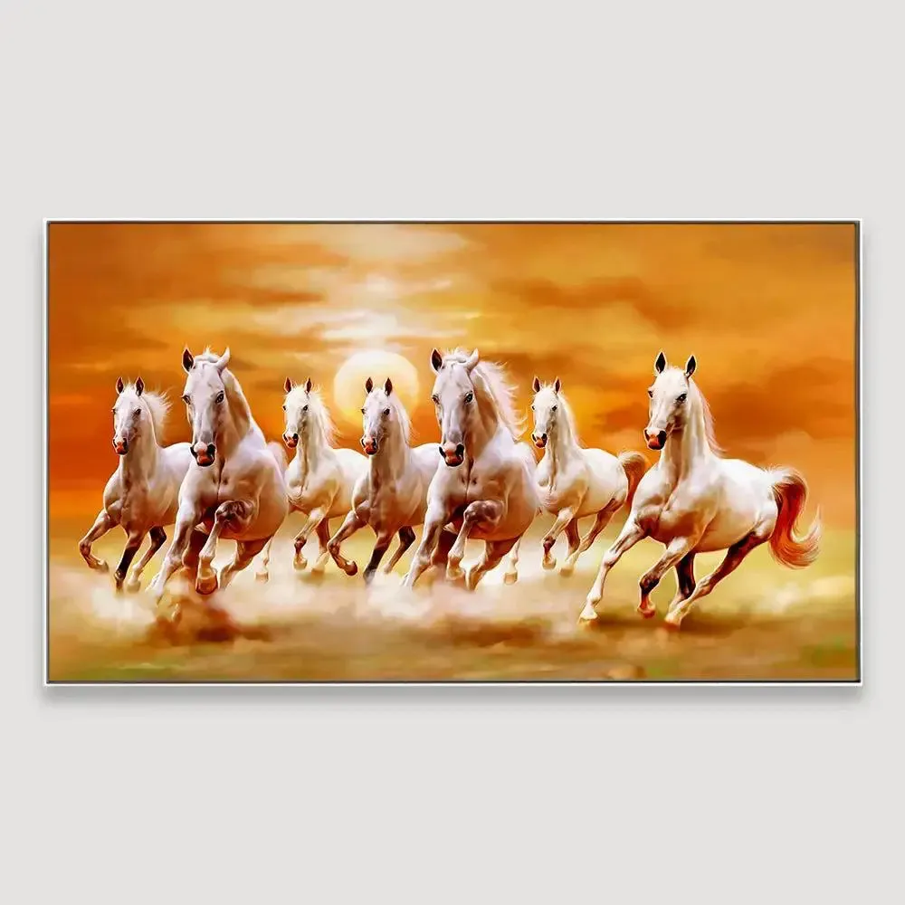 Seven Horses Panoramic Canvas Wall Painting With Frame