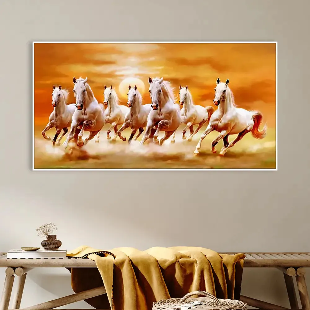 Seven Horses Panoramic Canvas Wall Painting With Frame