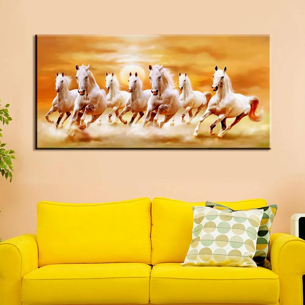 Seven Horses Panoramic Canvas Wall Painting With Frame