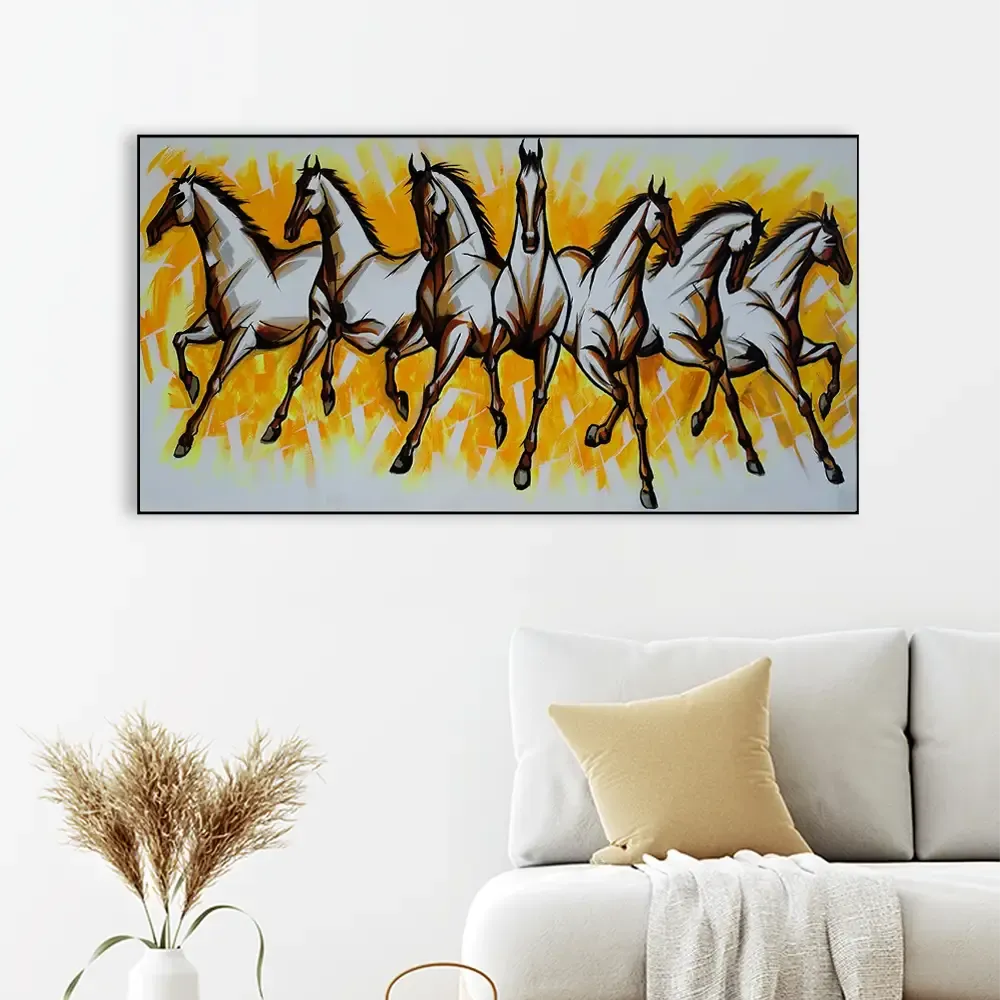 Seven Running Horses Canvas Painting With Wood Frame