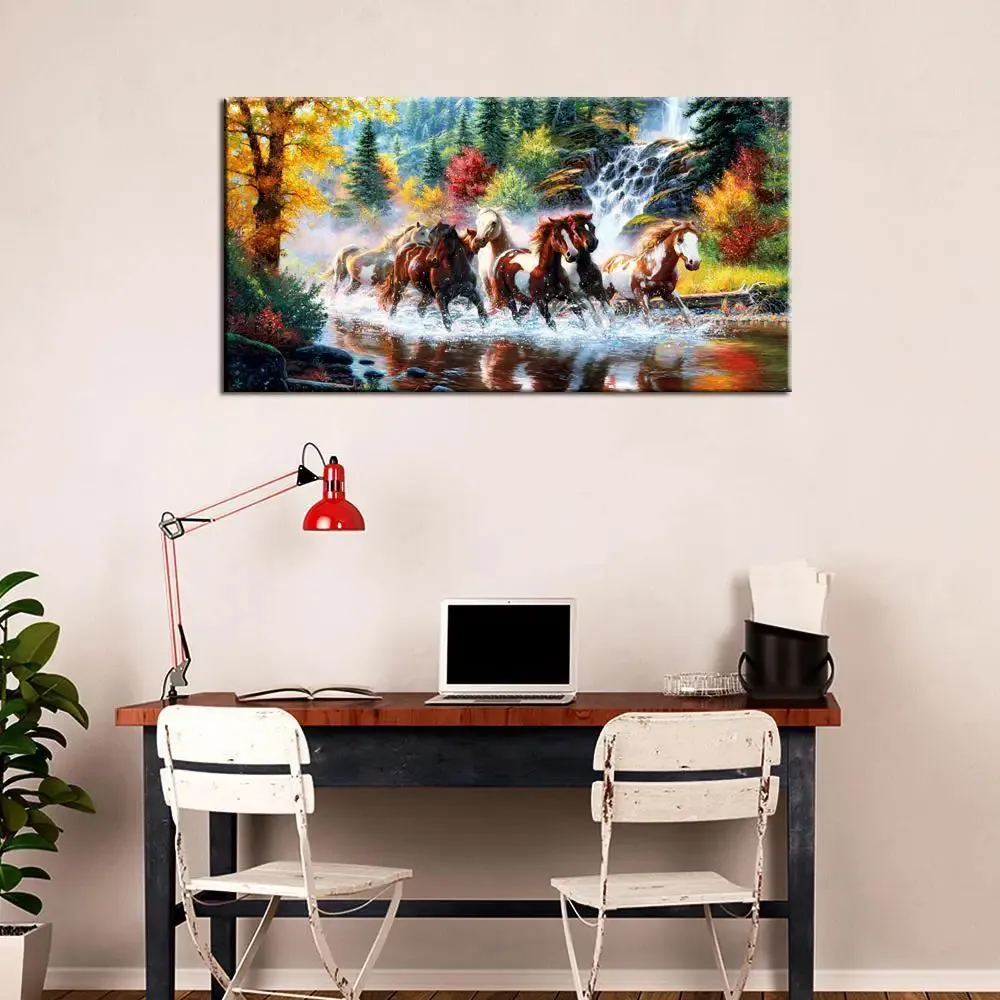 Seven Running Horses in Water Canvas  Big Panoramic Wall Painting With Frame