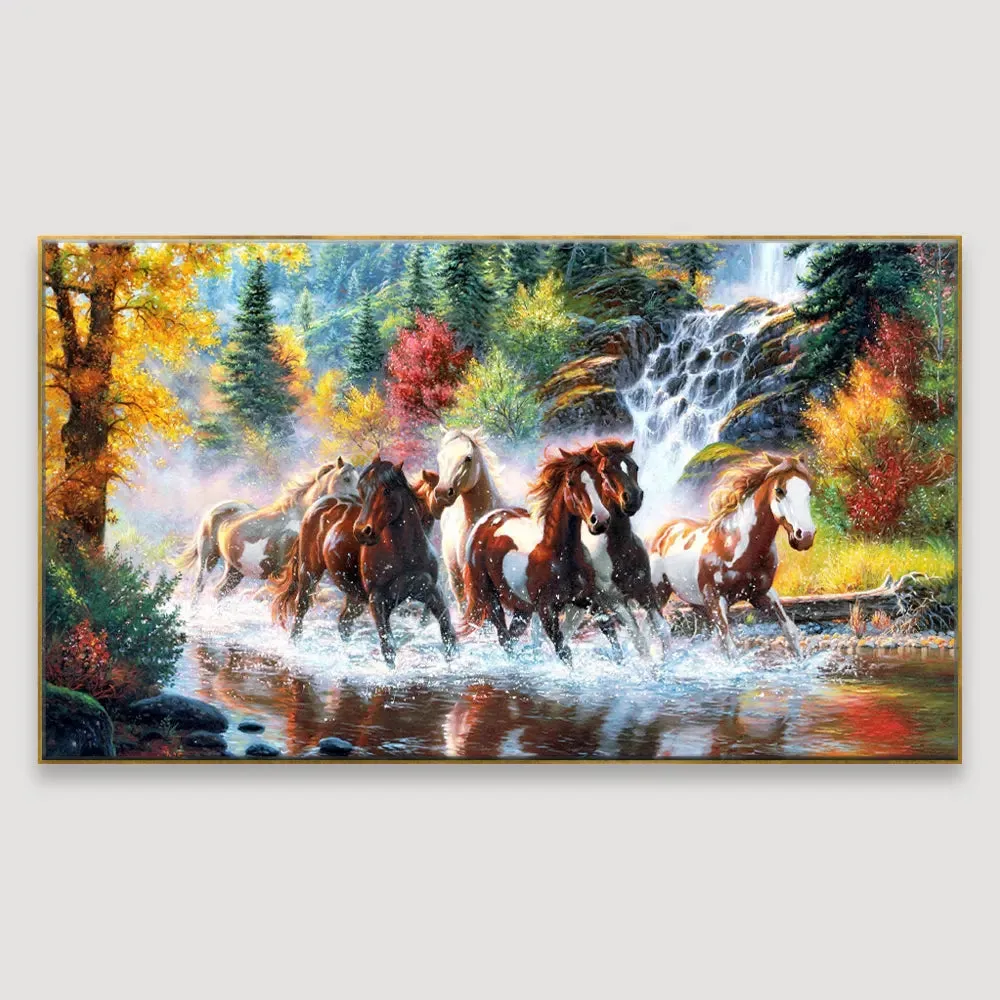 Seven Running Horses in Water Canvas  Big Panoramic Wall Painting With Frame
