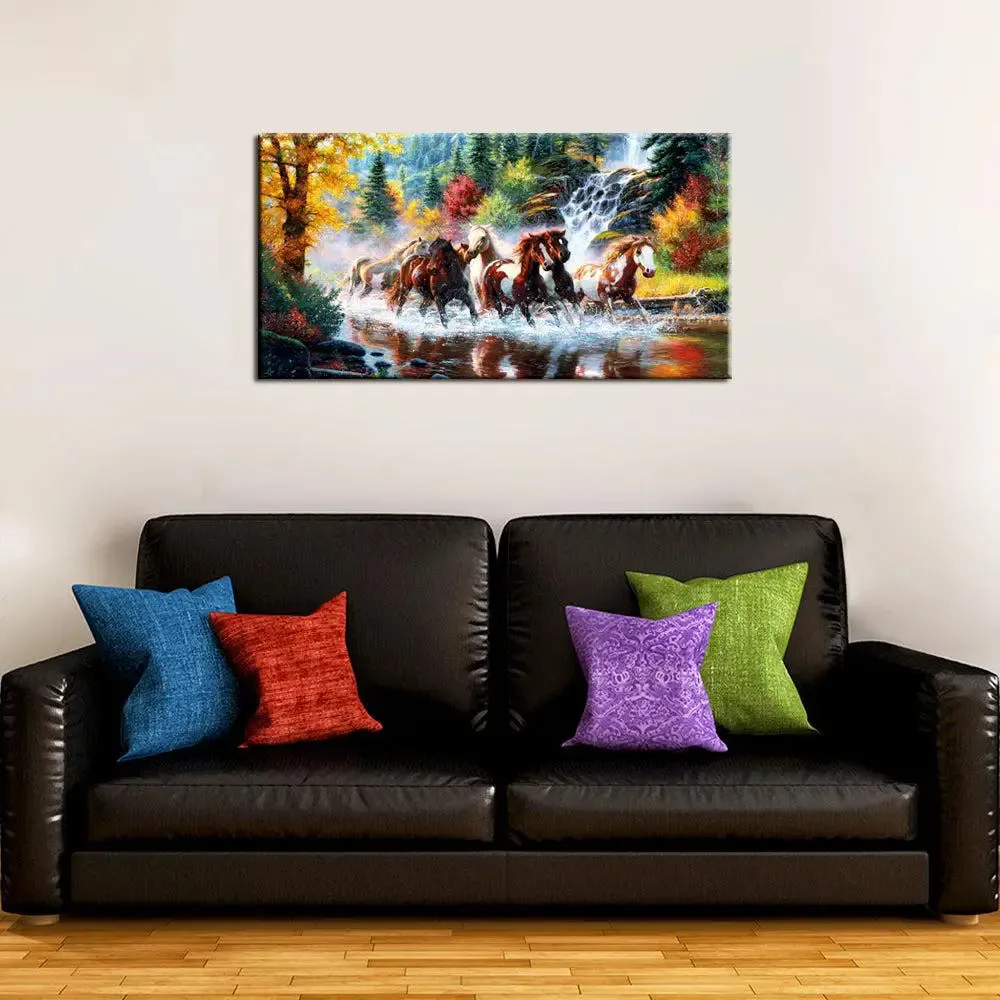 Seven Running Horses in Water Canvas  Big Panoramic Wall Painting With Frame