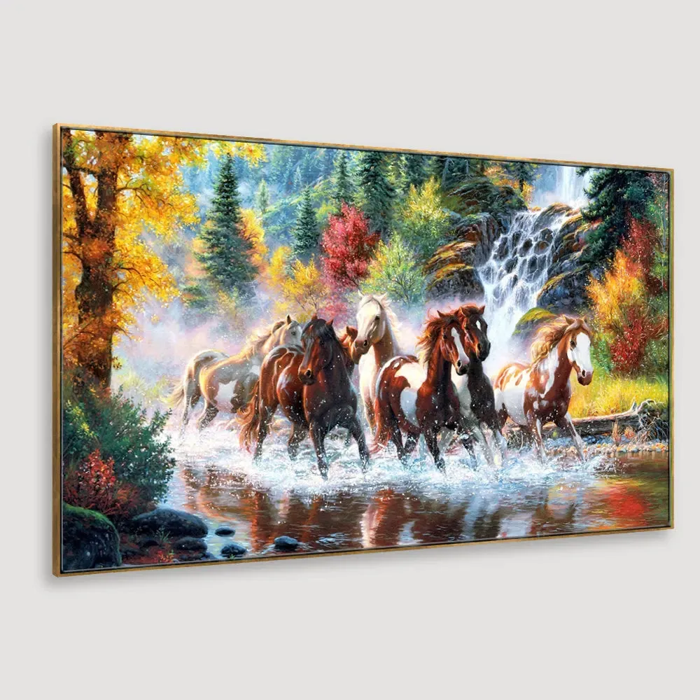 Seven Running Horses in Water Canvas  Big Panoramic Wall Painting With Frame