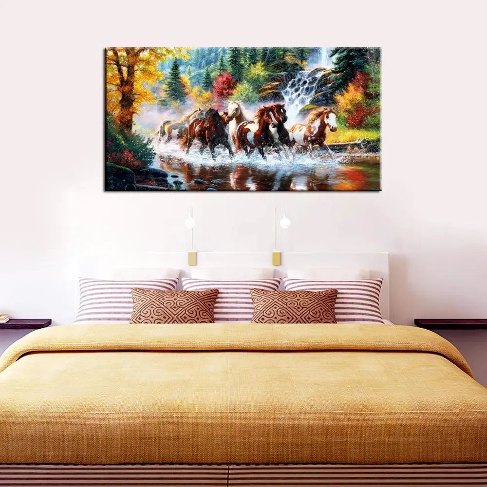 Seven Running Horses in Water Canvas  Big Panoramic Wall Painting With Frame