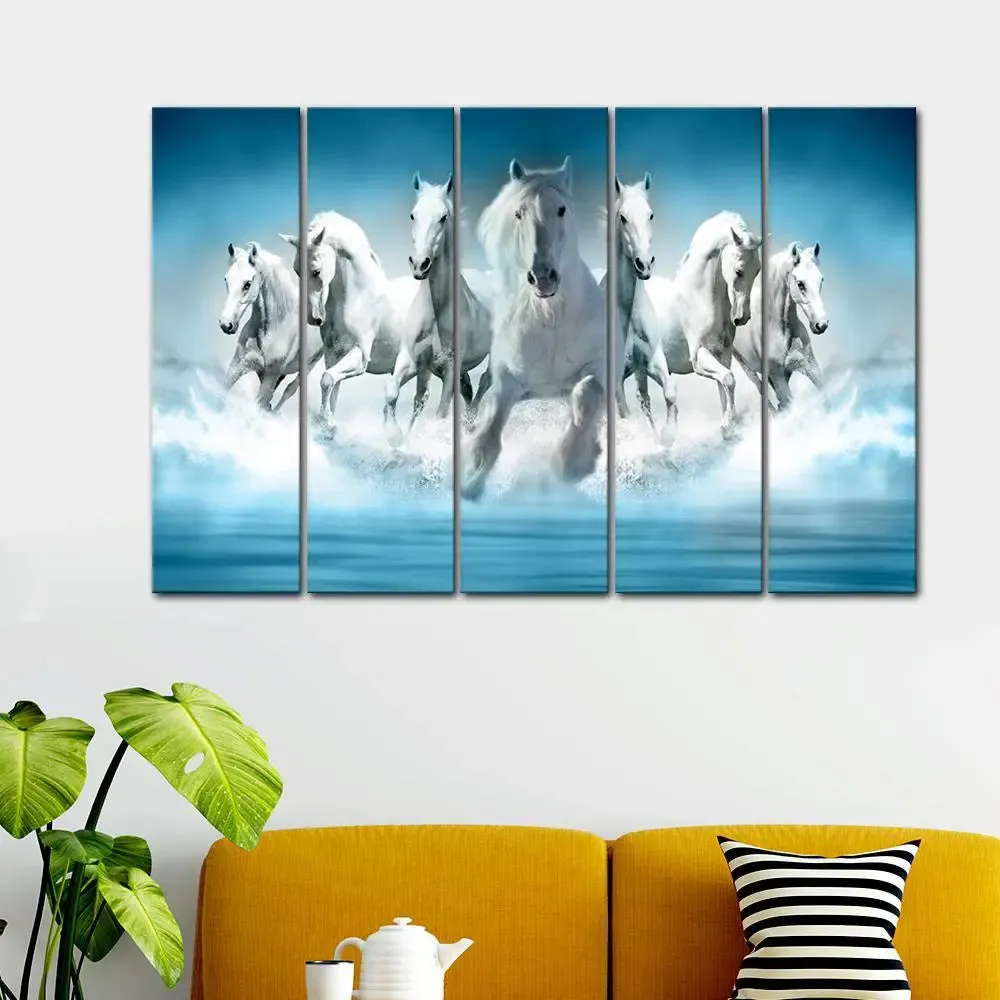 Seven Running Horses Panoramic Canvas Wall Painting