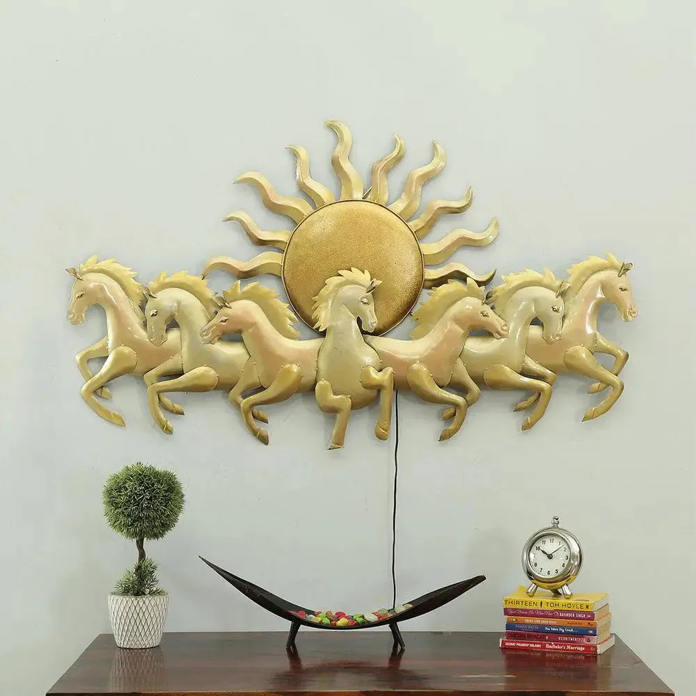 Seven Running Horses & Sun inspired Golden Backlit Metal Wall Art (Large)