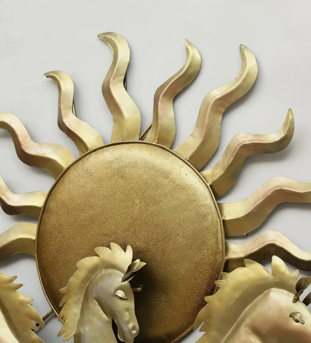 Seven Running Horses & Sun inspired Golden Backlit Metal Wall Art (Large)