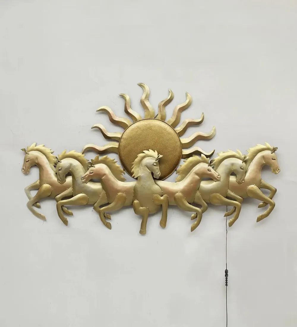 Seven Running Horses & Sun inspired Golden Backlit Metal Wall Art (Large)