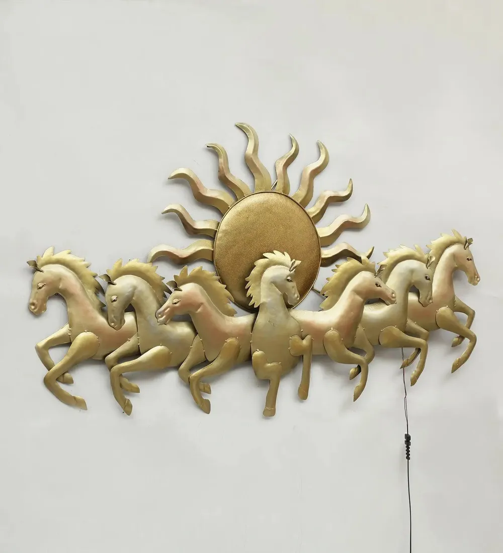 Seven Running Horses & Sun inspired Golden Backlit Metal Wall Art (Large)