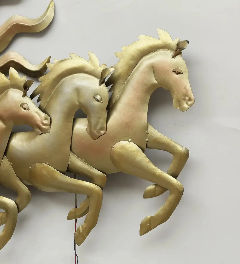 Seven Running Horses & Sun inspired Golden Backlit Metal Wall Art (Large)