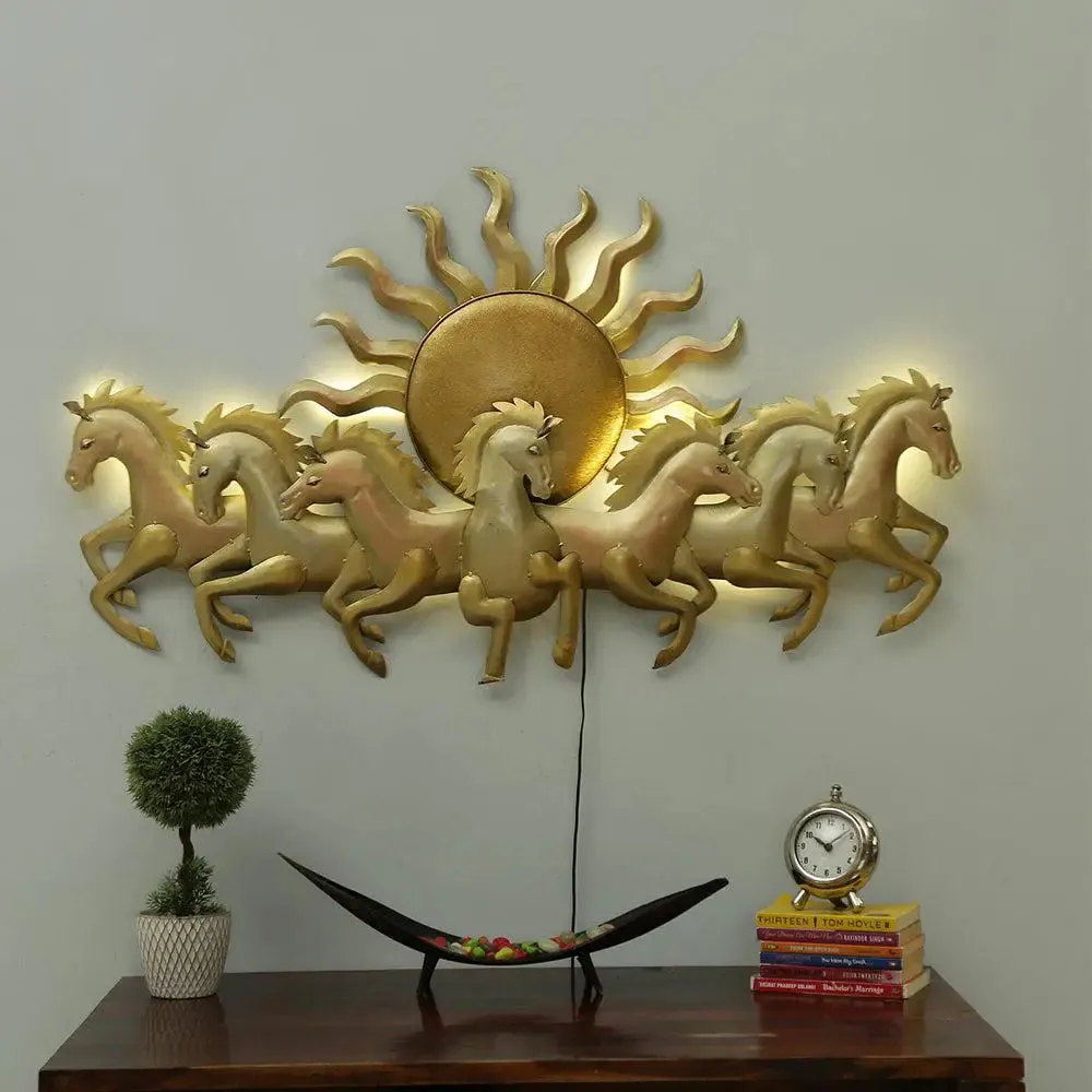 Seven Running Horses & Sun inspired Golden Backlit Metal Wall Art (Large)