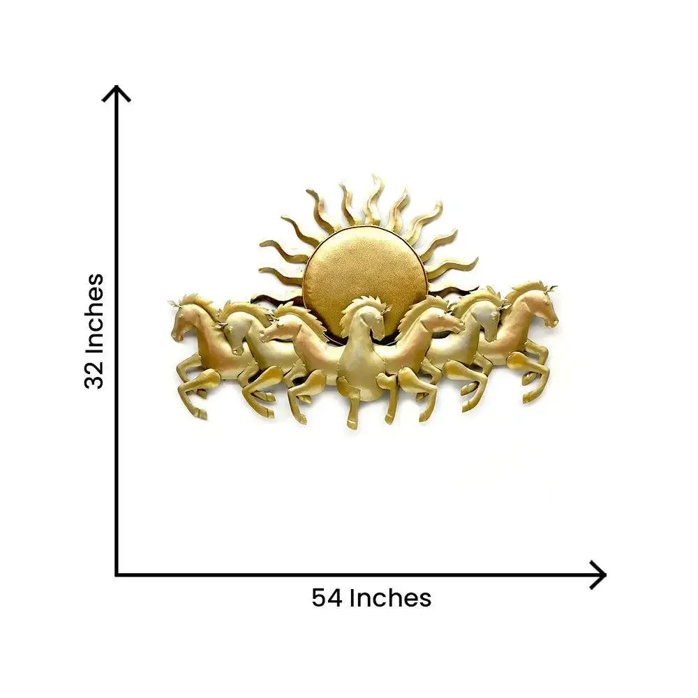 Seven Running Horses & Sun inspired Golden Backlit Metal Wall Art (Large)