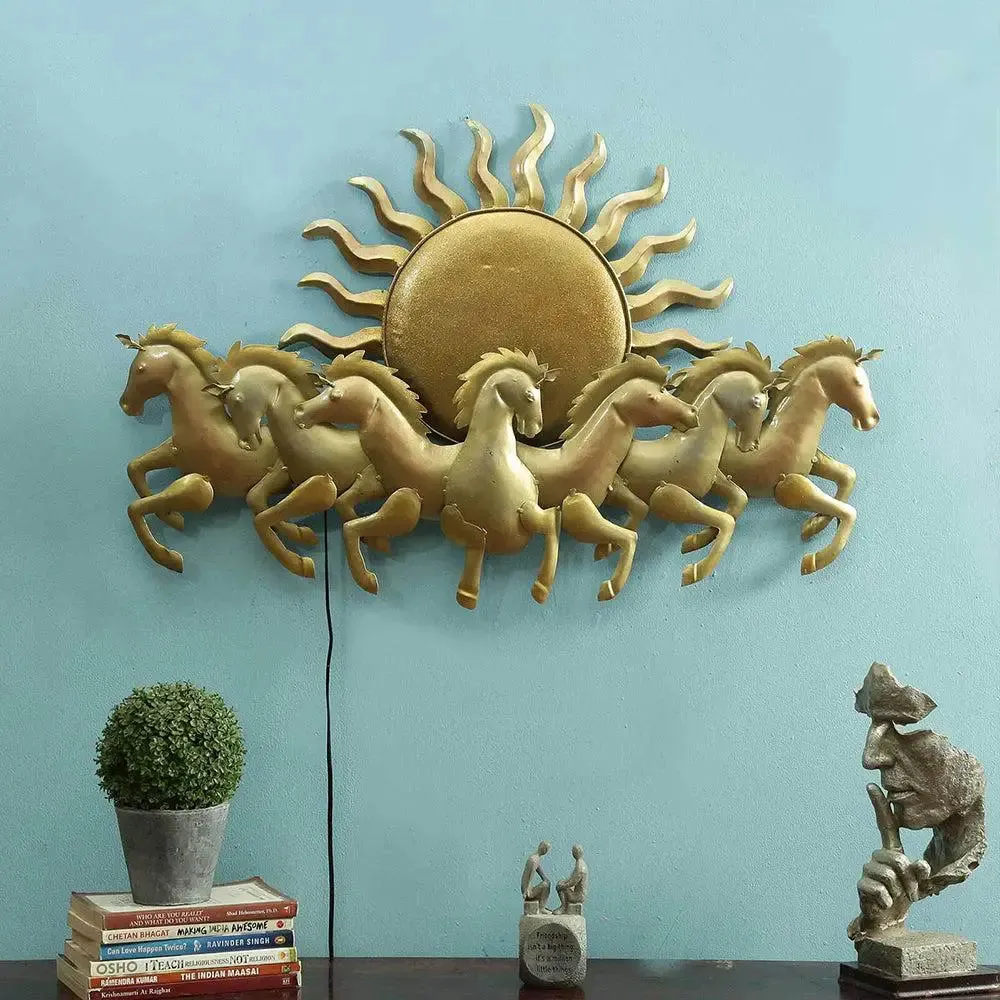 Seven Running Horses & Sun inspired Golden Backlit Metal Wall Art (Medium)
