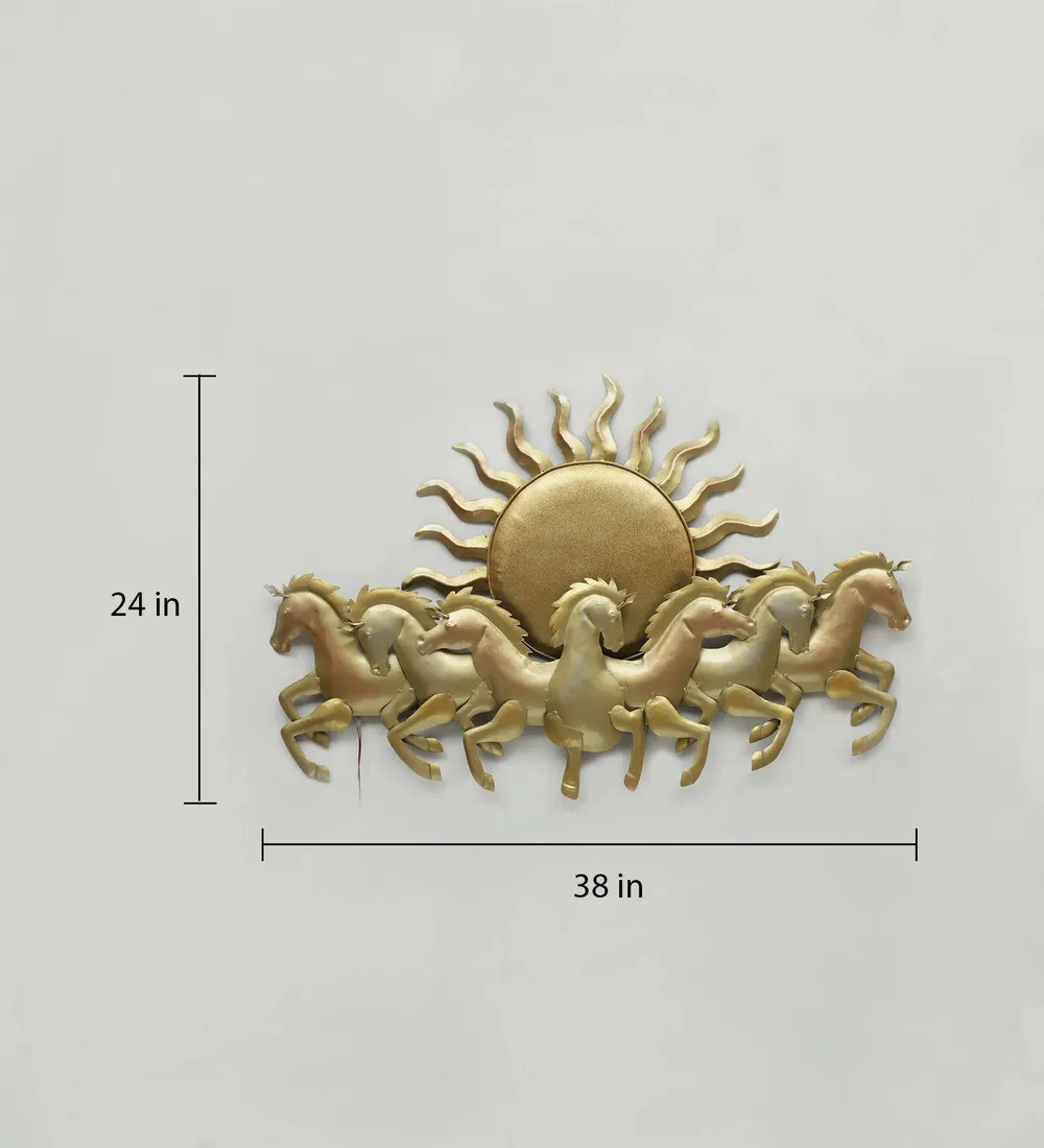 Seven Running Horses & Sun inspired Golden Backlit Metal Wall Art (Medium)