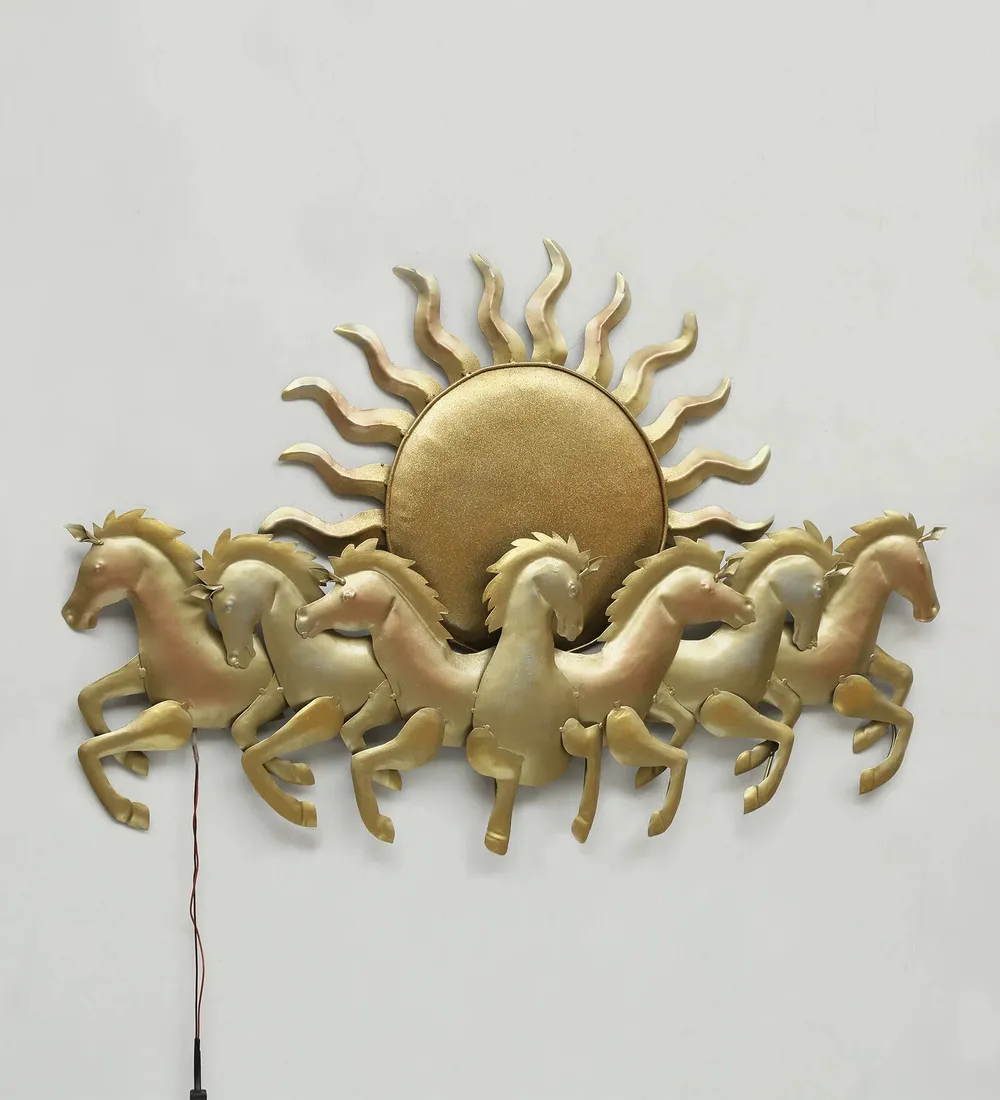 Seven Running Horses & Sun inspired Golden Backlit Metal Wall Art (Medium)