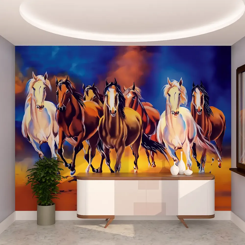 Seven Running Horses Wallpaper / High Quality HP Woven WallPaper /  size 12 ft x 10 ft