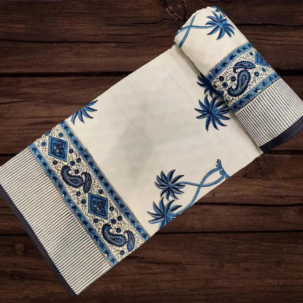 Shades Of Blue Tropical Hint Hand Block Printed Single Bed Cotton Dohar