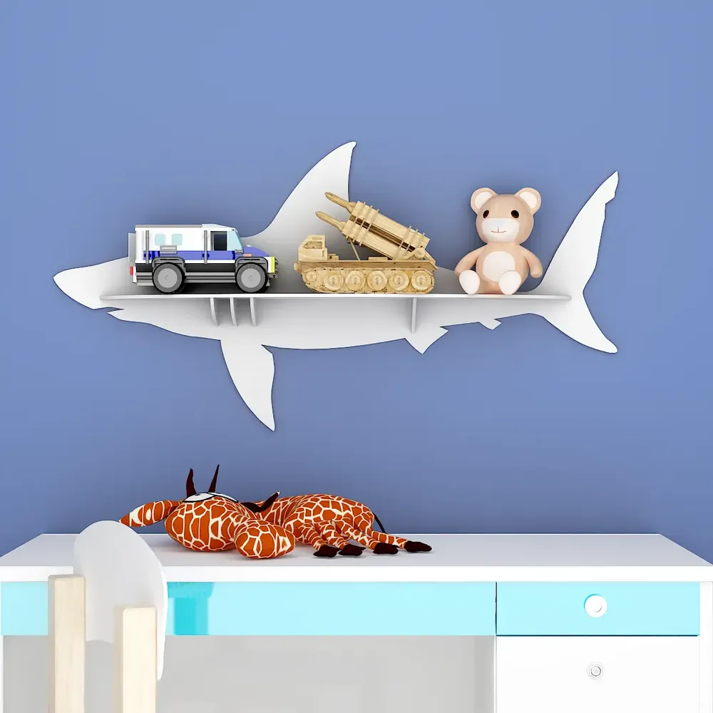 Shark Backlit Wood Wall Shelf / Book Shelf / Night Light, White Color