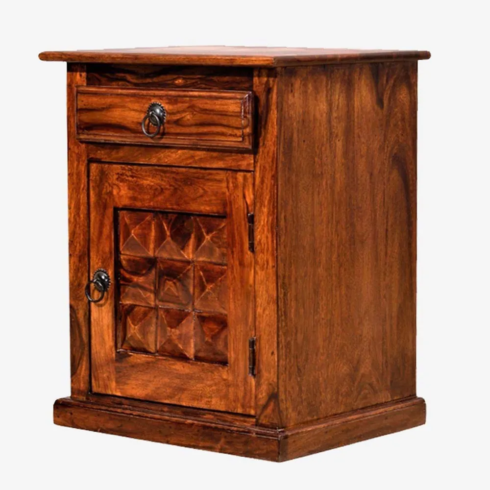 Sheesham Wood Diamond Cut Storage Bedside Table