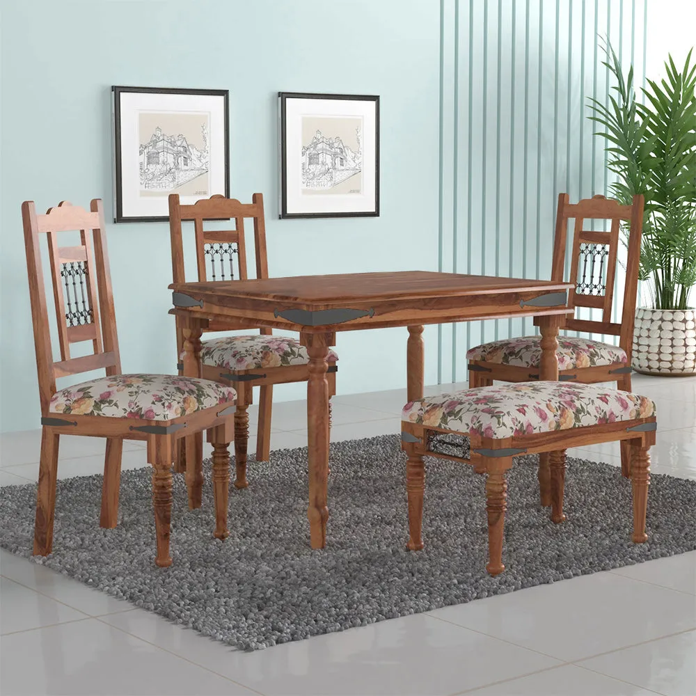 Sheesham Wood Dining with Floral Chairs (1Table + 4 Chairs)