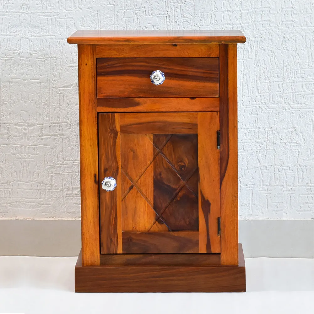 Sheesham Wood Single Drawer Yellow Brown Bedside Table Single Piece